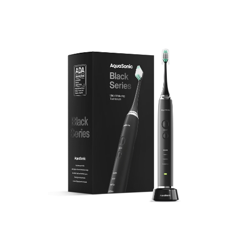 AquaSonic Black Series Electric Toothbrush - Rechargeable, 4 Modes, Travel Case, 8 Brush Heads