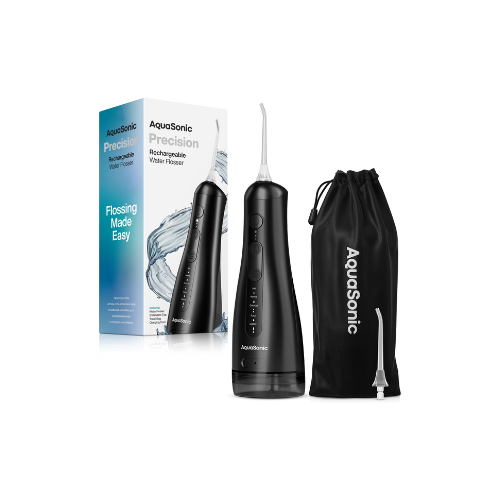 AquaSonic Precision Rechargeable Cordless Water Flosser with Travel Bag and 2 Standard Flossing Tips - Black