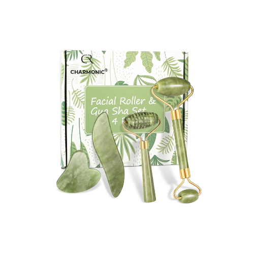 Charmonic 4pcs/set Jade Roller and Gua Sha Set Facial Massager Skincare Beauty Tools for Anti-aging, Gentle Skin, Remove Wrinkles & Eye Puffiness