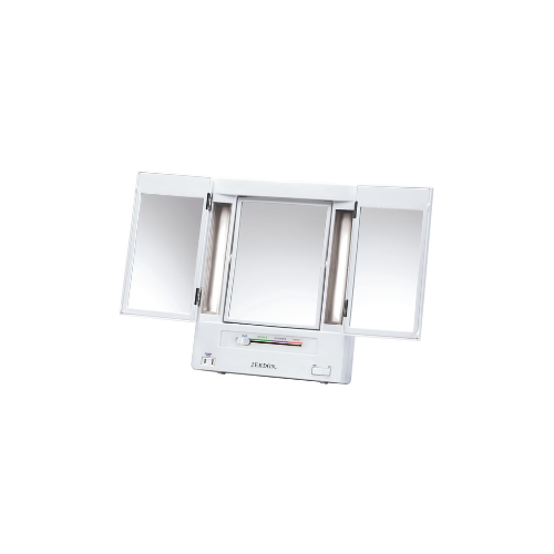 Jerdon Tri-Fold Makeup Mirror with Variable Light Settings, 5X- 1X Magnification, White-Model JGL9W