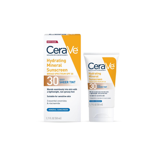 CeraVe Tinted Hydrating Mineral Sunscreen Lotion SPF 30 for Face with Sheer Tint