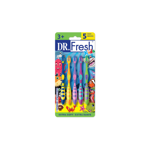 Dr. Fresh Brand Kids Non-Slip Handle Toothbrushes with Tongue Cleaner, Soft, 5 Count