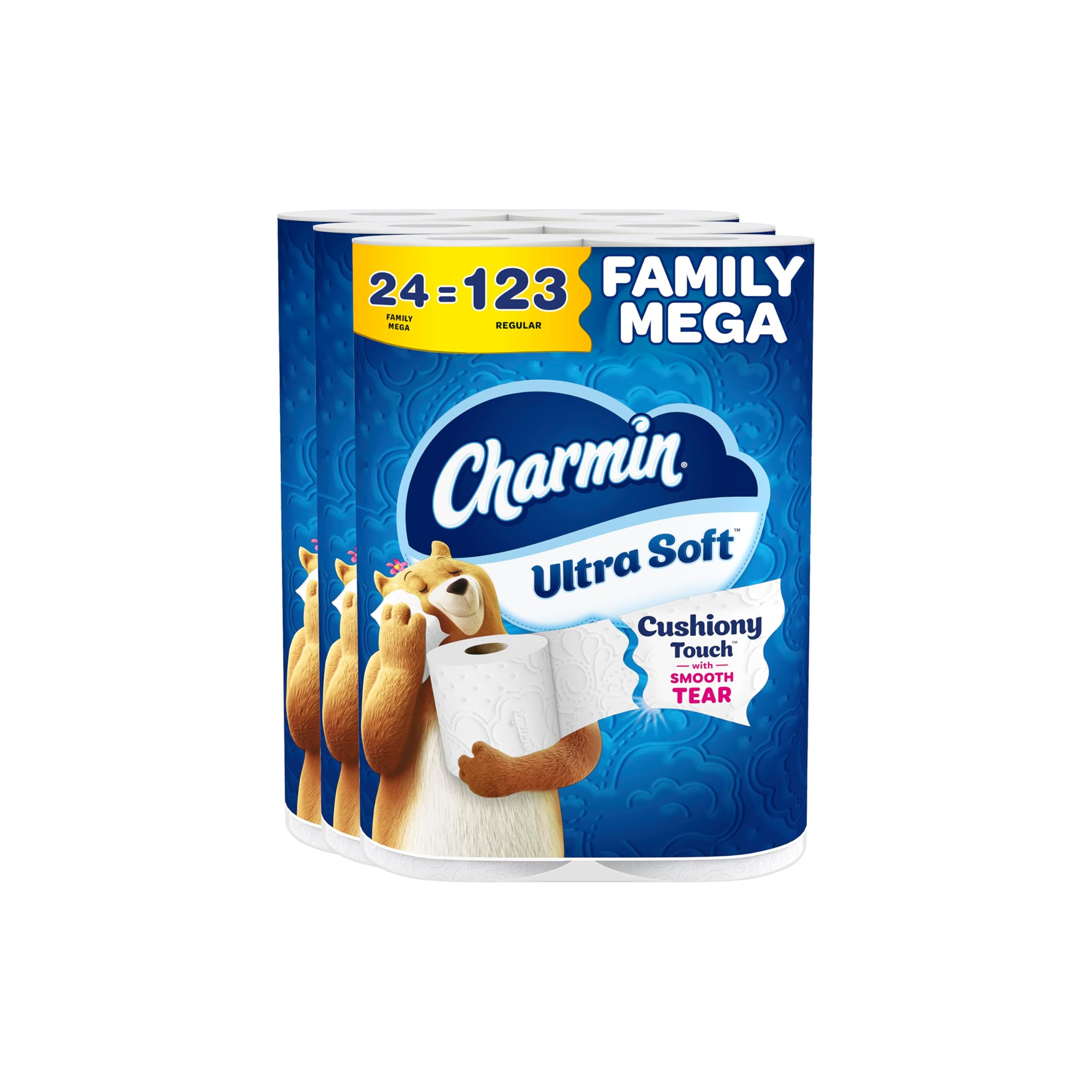 Charmin Ultra Soft Cushiony Touch Toilet Paper, 24 Family Mega = 123 Regular Rolls, White