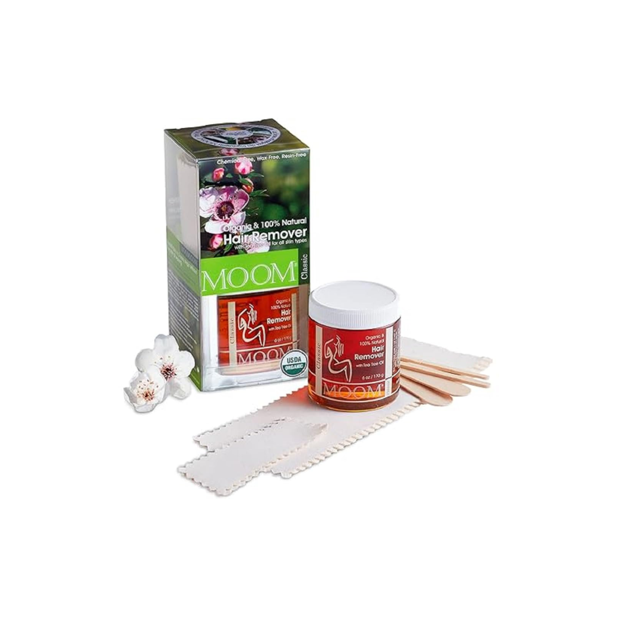 MOOM - Organic Sugar Wax Hair Removal Kit for Underarm, Face & Bikini, Infused with Tea Tree Oil, Includes Wax Strips & Sticks, Ideal for Sensitive Skin - 6 oz