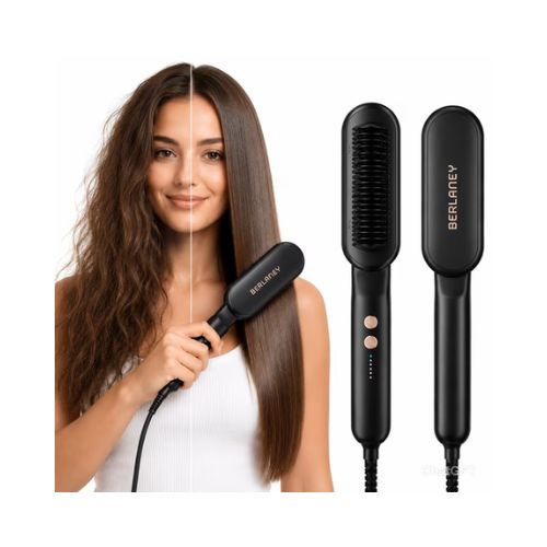 Berlaney Ionic Hair Straightener Brush - 5 Temp Adjust, Heat Protect Ceramic, Fast Heating Dual Voltage for Women Home Salon, Black