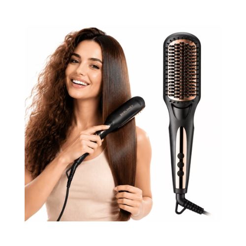 Berlaney Hair Straightener Brush for Women, One Step Straightening Brush with Negative Ions, Dual Voltage Hot Comb, Frizz-Free Styles for All Hair Types